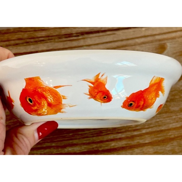 Gibson Goldfish Koi Oval Trinket Soap Cat Food Ceramic Bowl Dish 6 1/2" X 5" EUC - Picture 3 of 6